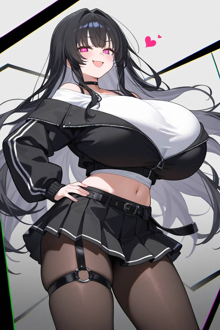 woman, curly red pixie cut hair, green eyes, wearing crop top black shirt, long black jacket, red plaid skirt, (black knee high boots), black fingerless gloves, exposed shoulders, (full body), large breasts, freckles, cleavage, abs, looking at viewer, masterpiece, best quality