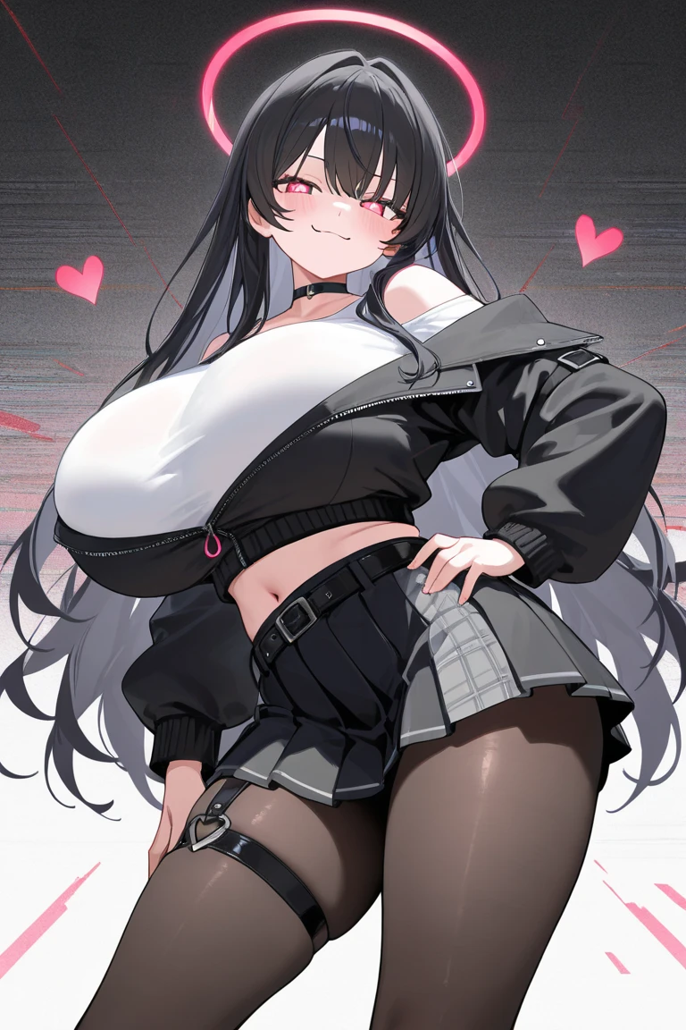 Best quality, (masterpiece:1.2), 1girl, super tall, black turtleneck sweater, no sleeves, super long puffy black hair with super puffy bangs, white sunhat, white pleated skirt, red shoulder bag, suspenders, dark tone skin, red background, (super massive breast:1.5), deep breast, perfect body, standing, smile, open mouth, closed eyes, holding up peace sign, chibi, white outline