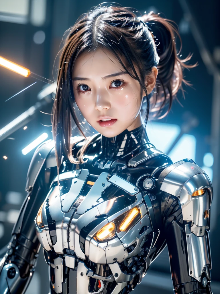 16K、(1. Mechanical Girl)、Highest quality、masterpiece、Ultra-high resolution、(Photorealistic:1.4)、RAW Photos、1 girl、Blonde、Glowing Skin、(((1 Mechanical Woman)))、With a beautiful knife、((Please wear a mechanical helmet))、(Grand Canyon Background)、Steep cliffs、(Small LED)、((Ultra-Realistic Details))、Portrait、Global Illumination、Shadow、Octane Rendering、8k、Super sharp、((Big Breasts)) 、BIB of the machine、Metal、Intricate decorative details、Very intricate details、Realistic Light、CGSoation Trend、((Machine Eyes))、Shining Eyes、To the camera、((Neon detailed mechanical limbechanical vertebrae attached to the back of the blood vessels connected to the tubes、Cervical vertebrae mechanically attached to the neck、(Machine Face)、Star Wars、Small LED、,Mechanical thighs、