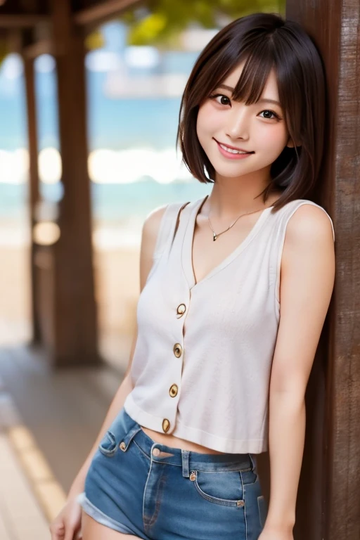 ((Exposing shoulders)), ((Ample breasts)), ((The skirt is short)), ((Sexy Legs)), ((whole body)),practical, Stylish girl,1girl,sexy pose,best quality,masterpiece,illustration,an extremely delicate and beautiful,CG,unity,8k wallpaper,Amazing,finely detail,masterpiece,official art,extremely detailed CG unity 8k wallpaper,incredibly absurdres,huge filesize,ultra-detailed,highres,extremely detailed,beautiful detailed girl,realistic,outdoors,light contrast,(White tee shirt、Shorts,、Red lipstick、Looking from below、smile、(Ocean、Ocean岸で歩いている)、ショートヘアー
Waiting to start 
