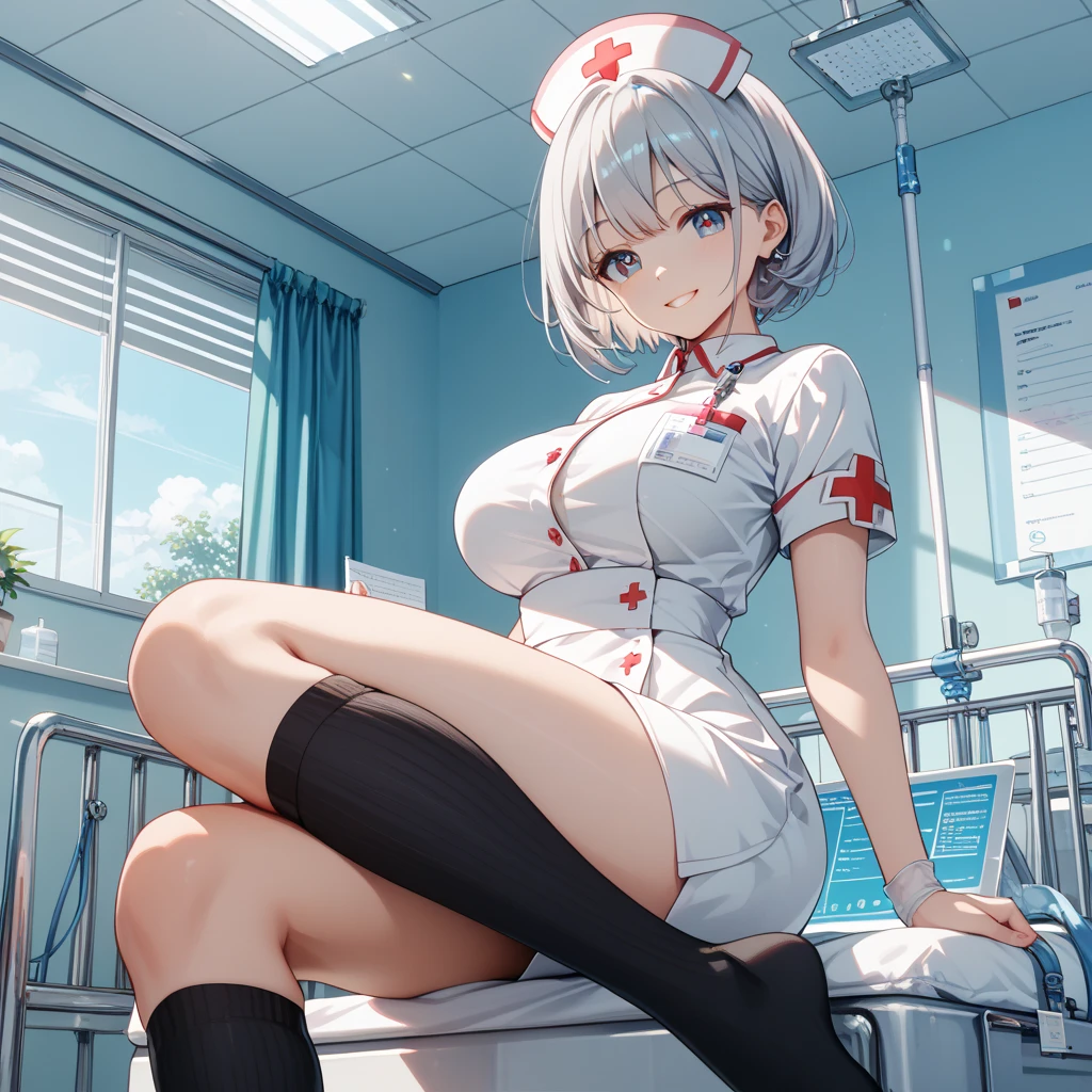 Mature nurse, looking up at the viewer, white stockings and garter belt, exposed skin, nurse uniform, stethoscope around neck, holding examination file, examination room