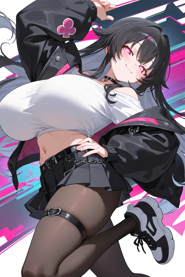 ((table top, highest quality, High resolution, nffsw, perfect pixel, 4k, nffsw, nffsw、Anime Screen Capture、Red Gauntlet))), 1 girl, single, alone, Beautiful woman、I could see the whole body、 ((middle wave hair, dull bangs, Braid black hair)), ((Red and shattered eyes, beautiful eyelashes, realistic eyes)), ((detailed face, blush:1.2)), ((smooth texture:0.75, realistic texture:0.65, realistic:1.1, Anime CG style)), ((muscular、huge breasts,wide ass、wide hips、thick thighs、both armpits))、(((Black and white sci-fi suit、Red back of hand))), perfect body, In town、((Very embarrassed、Sweat))、