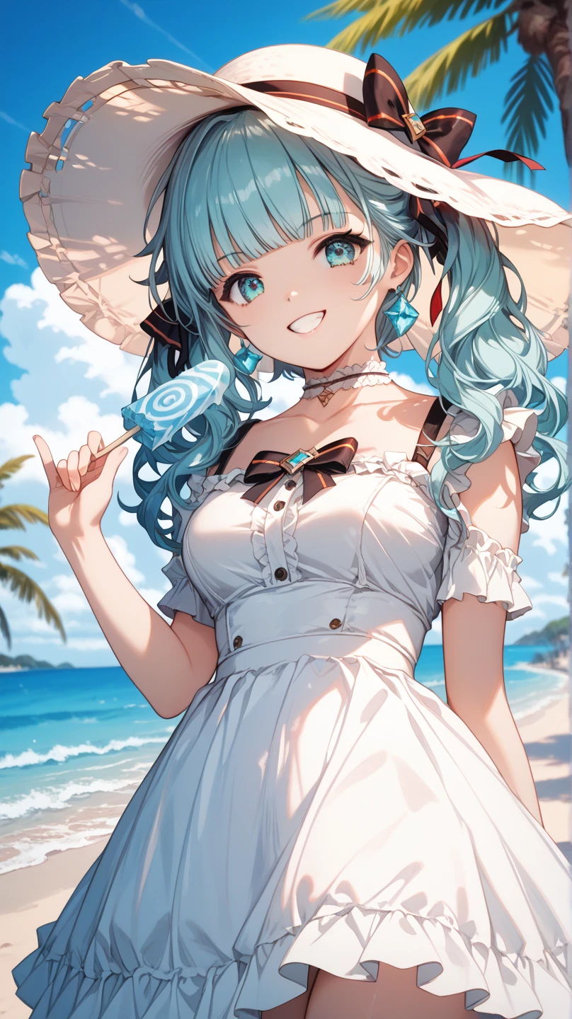 ((Holding the hat with both hands)), ((Raise both hands)), ((Overlooking the sea)), 1 Whole body of a girl, elvish, has silver hair, Red Eyes, bob cuts, Braided hair, summer dress, robe blanche, frilld, a straw fedora hat, Laughing, a smile, Seaside city, concept-art, beautiful anime scene, Beautiful anime scenery, beste-Qualit, masterpiece