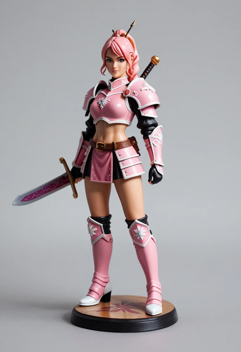 Close-up of woman in pink outfit holding a sword, smooth pink armor, fuchsia skin under armor, streamlined pink armor, matte pink armor, fuchsia skin, bright fuchsia skin, sharp silver fuchsia skin, smooth fuskia leather, shining pink armor, (best quality, masterpiece: 1.4), high-quality detailed graphics, perfect face, extremely delicate and beautiful, detailed skin texture, detailed fully visible face, realistic face, beautiful big eyes, fully visible face, light white skin, (solid shield: 1.3), shield without holes, hair tail from under the helmet at the back, blonde red hair ponytail, (red hair tail: 1.3), blue eyes, leather pants under fuchsia armor
