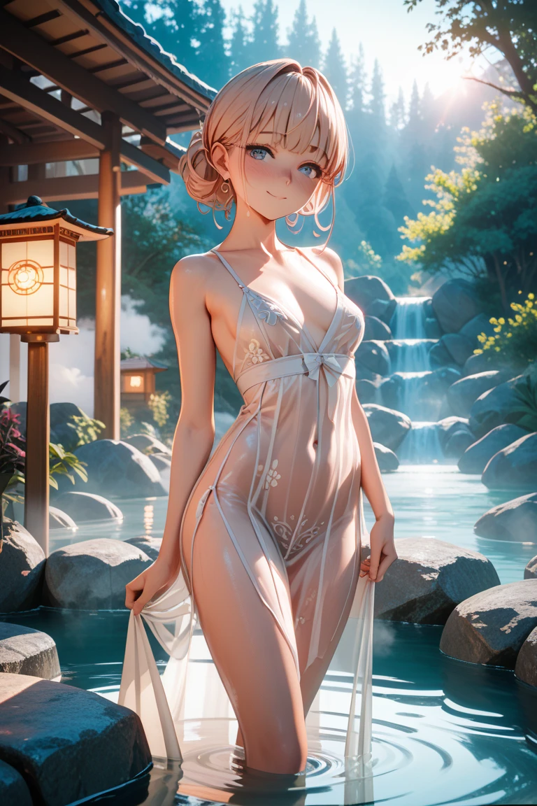 Small loli(Background with:ponds,Cherry blossom forest,lotus flower)Lie underwater, She has short pink hair,seen from the front,, mostly cloudy sky,(((tmasterpiece),(Very detailed CG unity 8K wallpaper),best qualtiy,cinmatic lighting,detailed back ground,beatiful detailed eyes,Bright pupils,Black eyes,Snow-whiteskin,Redlip(Very fine and beautiful),(Beautiful and detailed eye description),ultra - detailed,tmasterpiece,))facing at camera,A high resolution,ultra - detailed),revealing breasts,Bare genitalia, Bulge,legs are open,Raised sexy,Camel toes,Desire for dissatisfaction,frontage,(Wearing:,see-through sailor suit,Bare ,)