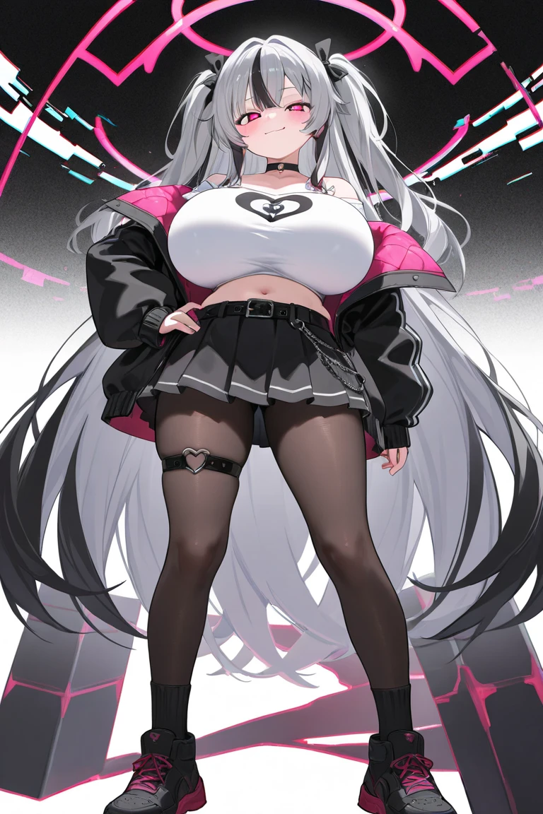1girl, large breasts, wide hips, white hair, long hair, red eyes, serious, twintails, bikini, black bikini, v-string, shoes, sneakers, neon, neon trim, ((neon trim)), futuristic, tech, machinery, science-fiction, from above, full body