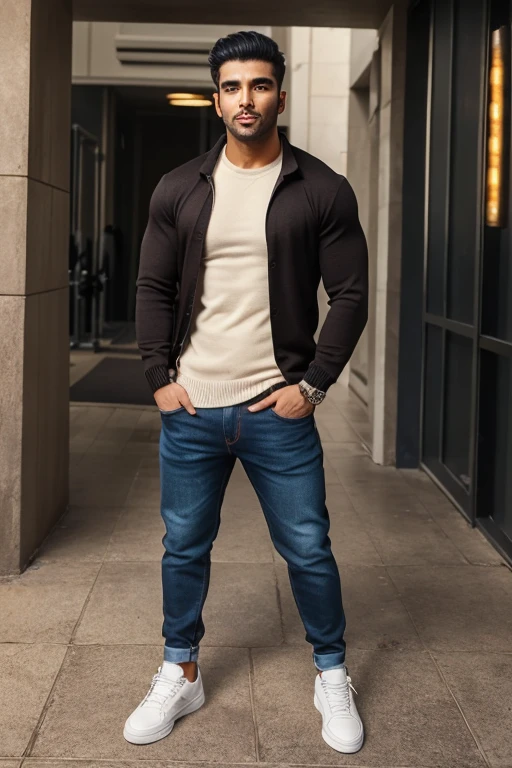 RAW photo, a full body photo of a 25 year old (clean shaven) arabic ethnicity Bodybuilder with massive physique in casual clothes, natural skin, sitting with legs spread in a café in Paris he is drinking coffee, bulge in crotch, massive biceps, tight black partially buttoned shirt, 8k uhd, high quality, film grain, Fujifilm XT3