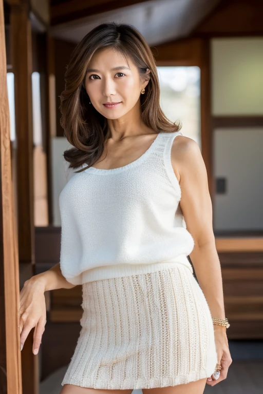 ((Highest quality)), ((8k)), ((masterpiece: 1.3)), (Perfect appearance), (Photorealism: 1.6), (KE), (JMA), (古い日本の町並みの中に立つJapanese women: 1.6), (Kyoto), (Clear Background), Japanese women, (48 years old), ((Stand upright, Look forward, Center of screen)), ((Realistic skin texture)), (Fine wrinkles appear all over the skin: 1.3), (Dullness: 1.1), (Unmoisturized skin: 1.2) , (Facial wrinkles: 0.9), (Wrinkles around the eyes: 1.2), double eyelid, Lower eyelid tear trough, (Crying Mole: 0.9), The eyes are looking here, Serious gaze, (Dimples: 1.2), Laugh with the corners of your mouth wide open, Straight medium length, Soft fabric blouse, (Through the white blouse: 1.3), (Voluptuous and glamorous body), (Wide sleeves), (Cuffs that fit your wrist), (The bottom of the blouse is tucked into the skirt: 1.2), flare skirt, High heels, (Focus on the upper body: 1.3), (Low - Angle: 1.4),