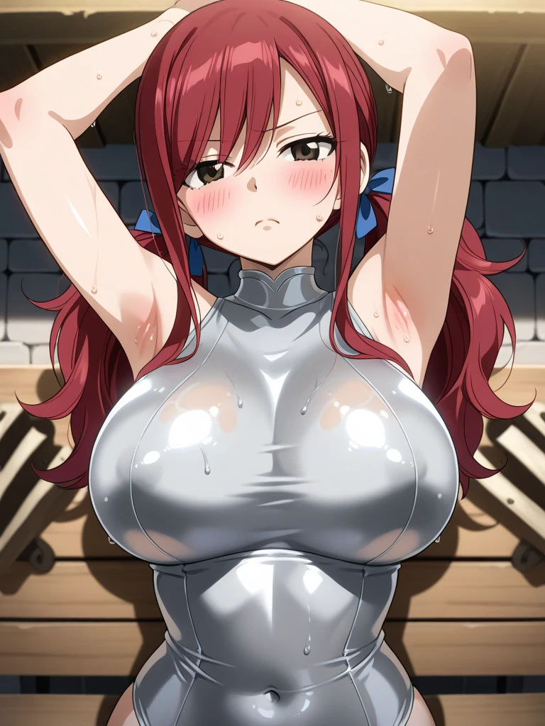 score_9, score_8_up, score_7_up, source_アニメ, sakimiya iruka, red hair, green eyes, one side up, medium hair, green scrunchie, hair ornament, shiny skin, rating_explicit, big breasts, large ass, bondage corset, (shocked),(tears:1.3),(sweat:1.2), shout,(steam on body, heavy breathing), (trembling:1.5), drooling, bouncing breasts, unaligned breasts,(motion lines:1.2), (motion blur:1.4),(pussy juice, Squirting:1.4), (troll:1.2), (2men, vaginal penis),(arched back:1.2), 2penises,(huge penis:1.6), (head grab:1.2), (cum in pussy:1.3), excessive cum,(cum in mouth, cum on tongue, facial, cum on hair), projectile cum, cum string, pole dance, on stage