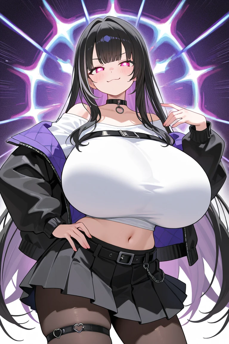 ultra realistic 8k cg, masterpiece, ((ultra detailed background, intricate detail, highly detailed, fine details best quality, hyperdetailed face)), gigantic breasts ,beautiful lighting, absurdres, BoaHancockV2, 1girl, solo, black hair, long hair, jewelry, closed mouth, ), ((black crop top : 1.1), (underboob : 1.4), elbow gloves, thigh boots, split skirt, bare shoulders, curvy, midriff, curvy, thighs, shiny clothes), blue eyes, complex detailed background, inside, luxury palace), ((cowboy shot)), curvy, (gigantic breasts: 1.1), seductive smile, cowboy shot,