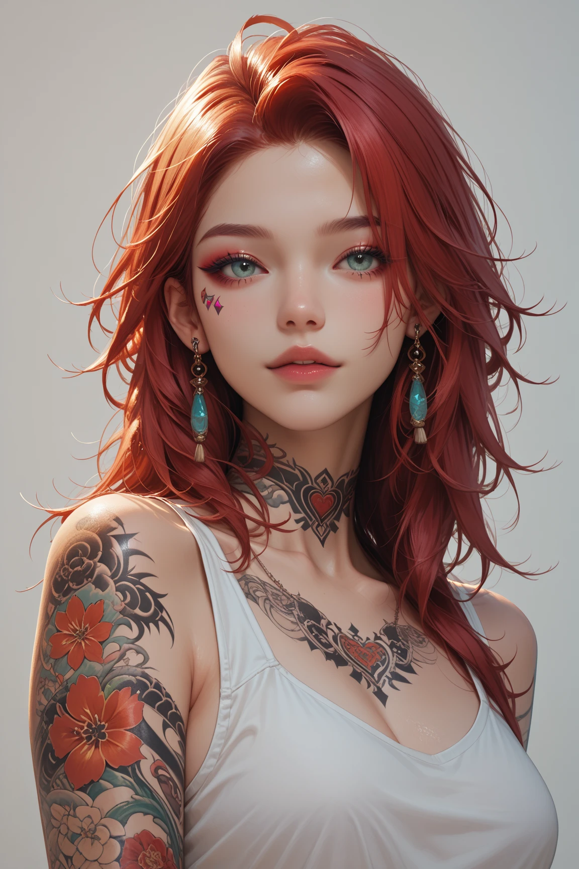 1girl, artist_name, bare_shoulders, black_nails, collarbone, commentary, dark, earrings, fantasy, hair_between_eyes, highres, jewelry, long_hair, looking_away, looking_to_the_side, mole, nail_polish, necklace, nixeu, off_shoulder, original, parted_lips, realistic, red_hair, ring, ringlets, scenery, simple_background, solo, tattoo, upper_body, yellow_eyes