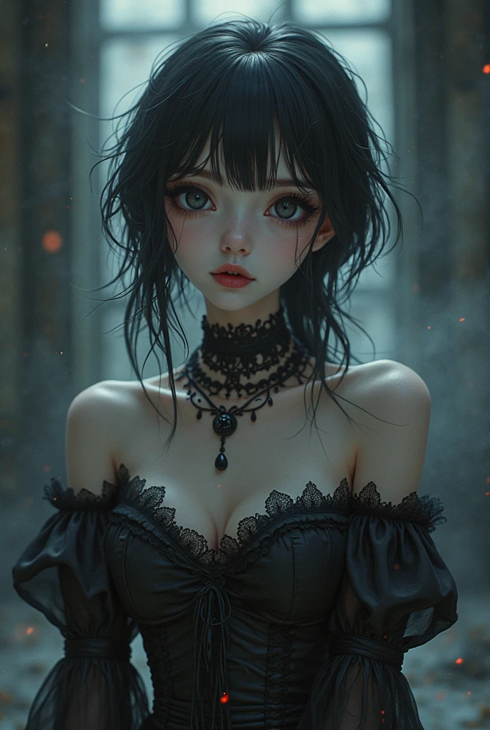 gothic teenager, gothic black dress, with hair in pigtails and pigtails. giant neckline, 30 cm high. blue eyes. pale and white skin. big breasts and slim build.