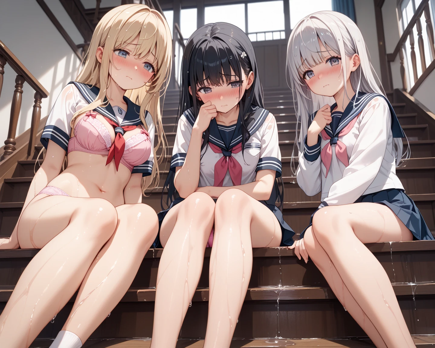 ((highest quality)), ((masterpiece)), (3 woman:1.5), cute woman are posing for a camera, (indoors, bed, pillow, from side,) (on bed), (Lifting SHIRT:1.3), (open your mouth and laugh:1.3), ray tracing, ((tits)), (small nipples), nipples, breasts, hair band, headband, hair bobbles, blouse, shirt, (line up in a row), 12 talents、、14 years oldd、 Asian, Weser hair, brown hair, blond hair, (navel), jewelry, looking at viewer, necklace, long hair, short hair, (abs),(Depth of the bounds written), (My skirt is completely blown up by the strong wind.:1.2),