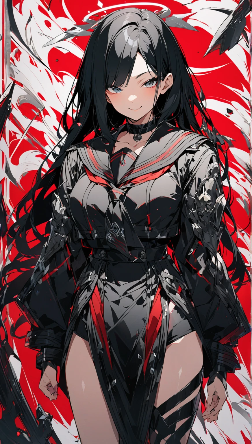 Hasumi Hakawa、Long black hair、Red eyes
