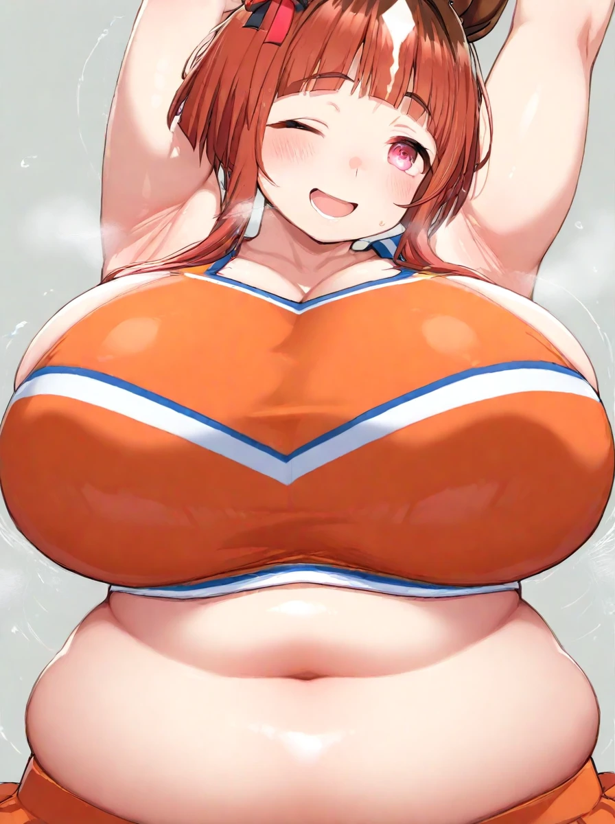 Tight mini skirt、((Big Breasts))、((Huge breasts))、((Very large breasts)) 、short, Flashy T-shirts、belly button出し、belly button、Narrow waist、Orange Hair、Long twin tails、Detailed pupil, beautiful girl、colorful、Brightly colored artwork、Absurd、squat、smile、Big eyes、Fold your hands above your head、Leg spread
