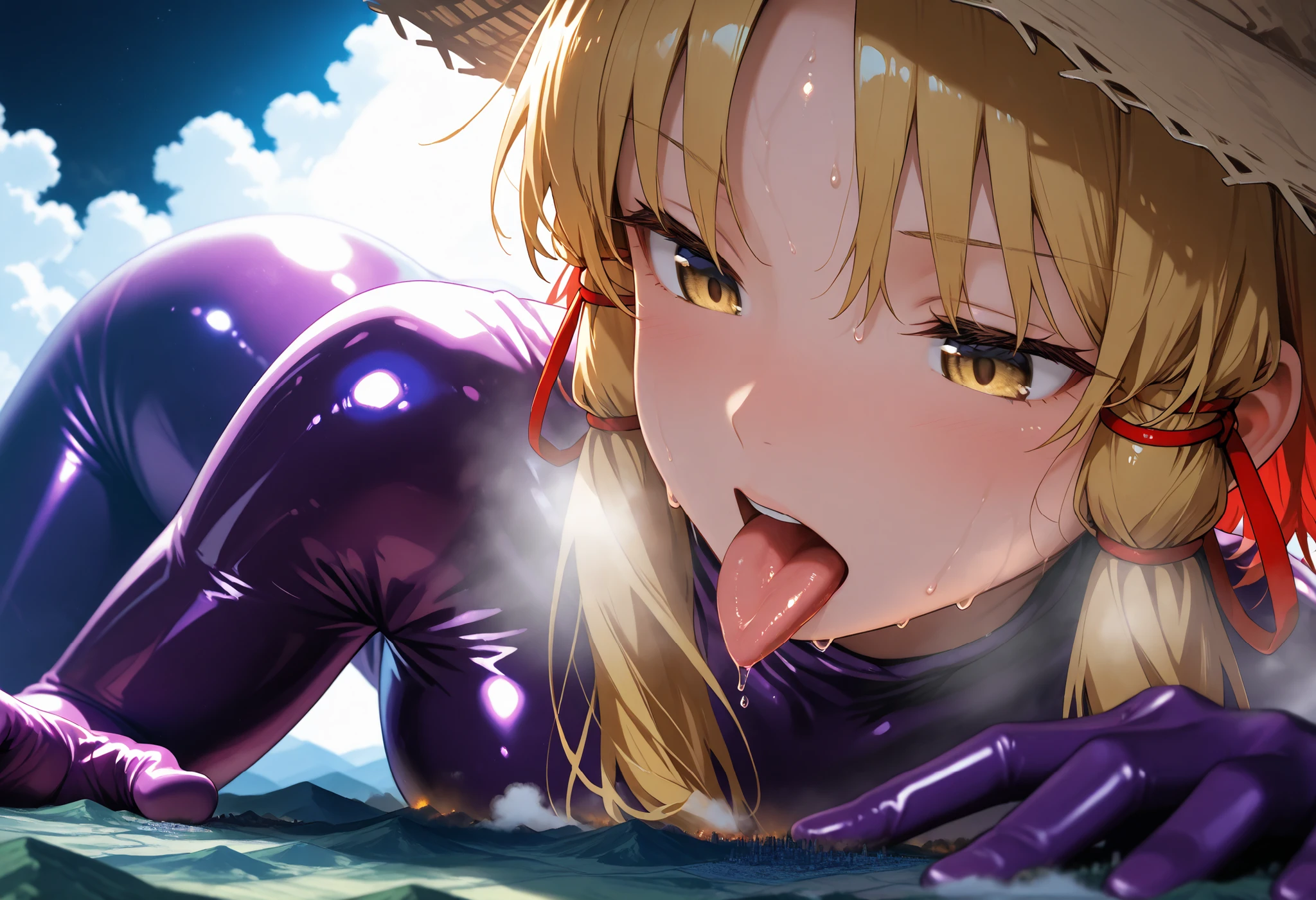 1girl, Touhou, Moriya Suwako, (purple latex suit), The clothes fit perfectly, Glossiness, shiny, sweat, steamy, yellow hair, yellow eyes, sidelocks, red hair ribbon, straw hat, (purple latex bodysuit), sweat, steamy, glossy skin , shiny skin , glistening skin, Macro, Giantess, Landscape, Aerial Perspective, night, cool backlight, close up, focus on face, open mouth, tongue, licking