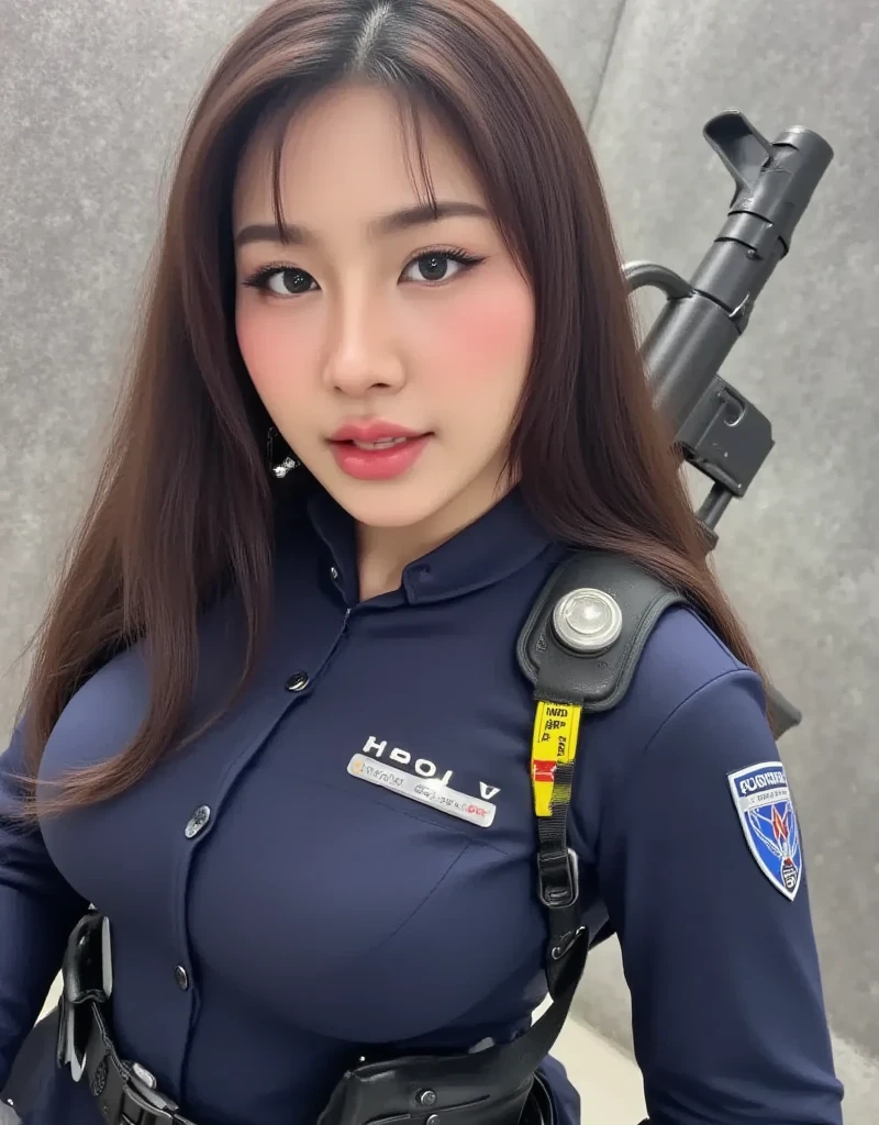 Best image quality, Great details, Ultra-high resolution, (realism: 1.4), ((close:0.75)), A very condensed woman, Beautiful and delicate facial features, Perfect proportions, Target your audience, ((Target your audience)), (thin:0.3, Large breasts), (Fabric color base ratio black:0.4 White:0.5. Other colors:0.1), (Wear a rash guard、She likes floral uniforms., Black and grey mech, Wearing a high-tech nylon military suit,oh、 Military Harness, Has a machine gun, ), captain, Background Simple gray wall,