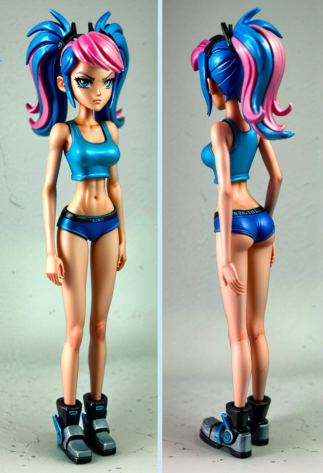 ((masterpiece, best quality)), Curvy purple-skinned alien woman with dark hair in white fullback panties, green tank-top, realistic Action figure, toy close up, detailed figurine, intricate details, 3 finger alien hands,