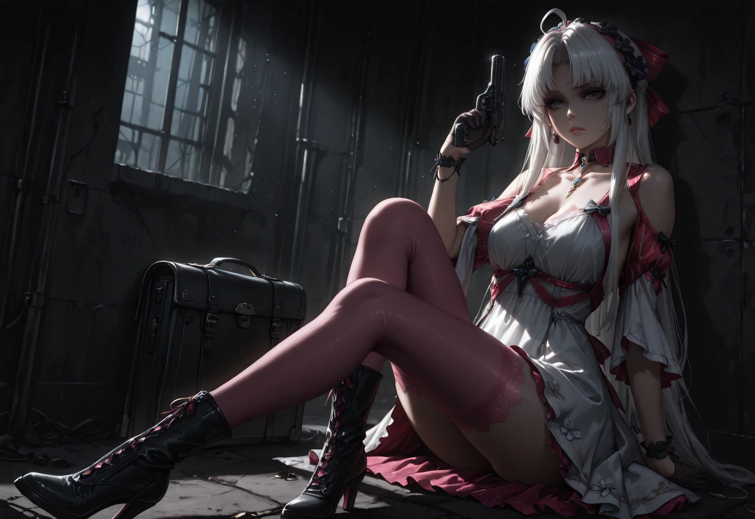 (Full body shooting:2), (Full Focus:1.3), No obstruction on the face, plethora of colors, anatomy correct, The female character wears a princess puffy dress,Pink and white color scheme, Strangle effect, High-heeled leather shoes, anklet, leg loops, collars, Heavy makeup, A shallow laugh, Latex stockings must be worn, hyper HD, Ray traching, structurally correct, Award-Awarded, high detal, lightand shade contrast, cinmatic lighting, tmasterpiece, super detailing, high high quality, high detal, best qualityer, 16k. waiting