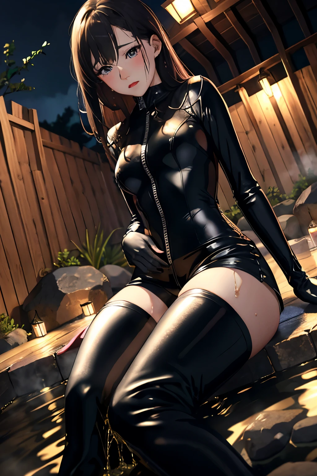 anime, best quality, high quality, highres, beautiful women, high detail, good lighting, lewd, hentai, (((black leather catsuit shorts))), (((leather thigh high boots))), black leather gloves, bare thighs, bare arms, (((wetting herself))), (((peeing herself))), (((peeing self))), (pee streaming down legs), peeing stain, (puddle), (thick thighs), nice long legs, lipstick, detailed face, pretty face, embarrassed blushing face, humiliated, ((in outdoor onsen bathing)), hihelz