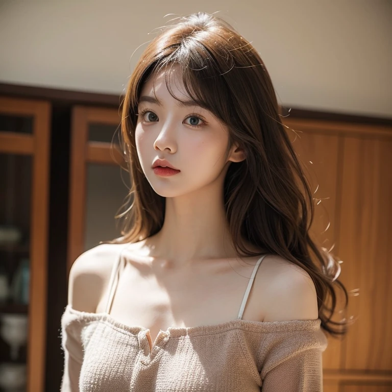 On the table, best quality, illustration, Super detailed, Fine details, high resolution, 8k wallpaper, Perfect dynamic composition, Beautiful and delicate eyes, Natural lips, Sexy knitted dress ,Medium breasts, cleveage, casual sexy pose, whole body