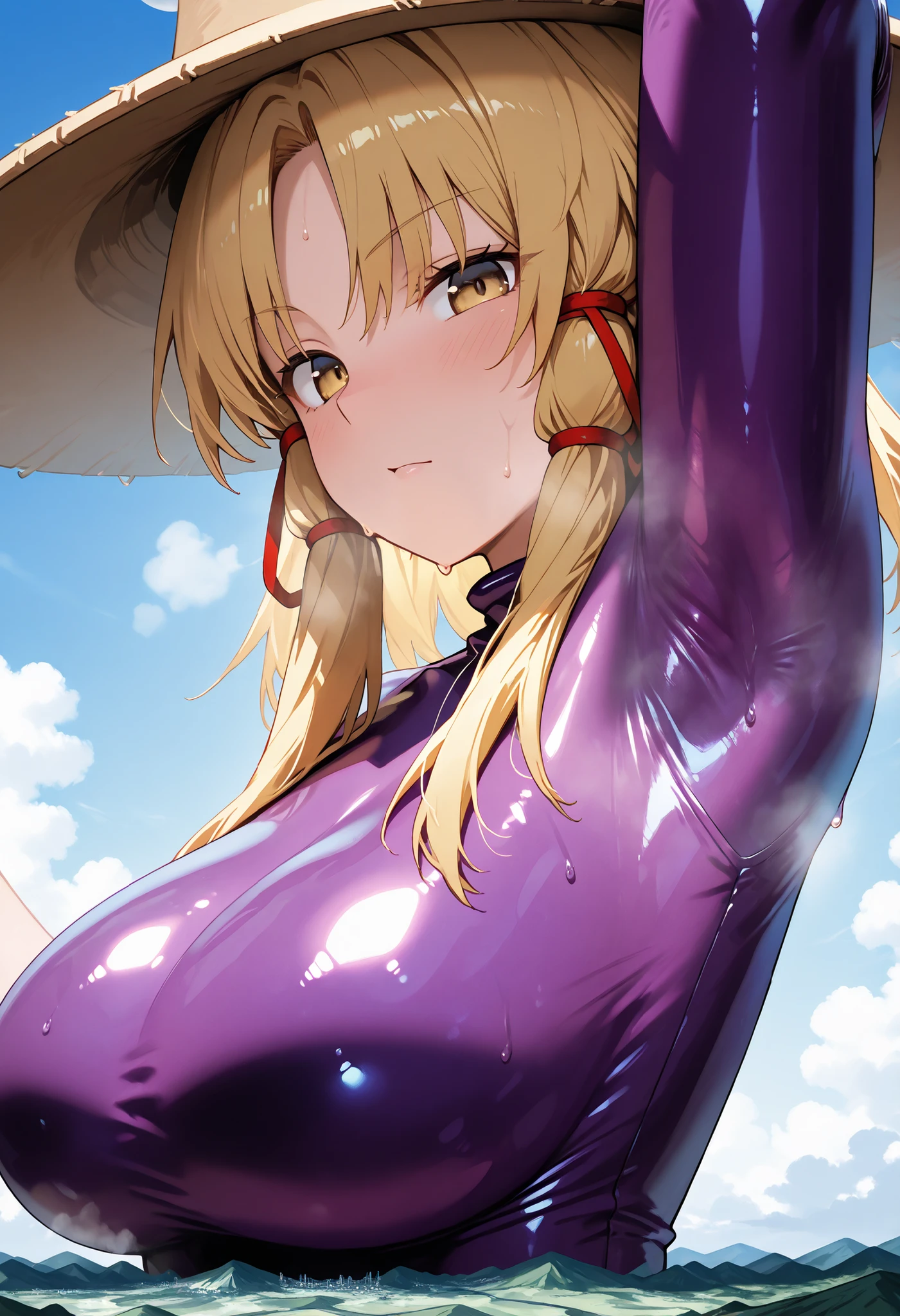 1girl, Touhou, Moriya Suwako, (purple latex suit), The clothes fit perfectly, Glossiness, shiny, sweat, steamy, yellow hair, yellow eyes, sidelocks, red hair ribbon, straw hat, (purple latex bodysuit), sweat, steamy, glossy skin , shiny skin , glistening skin, Macro, Giantess, Landscape, Aerial Perspective, close up, Pose that shows off her armpit, Raise arm, focus on armpit, side view, upper body, looking at viewer,