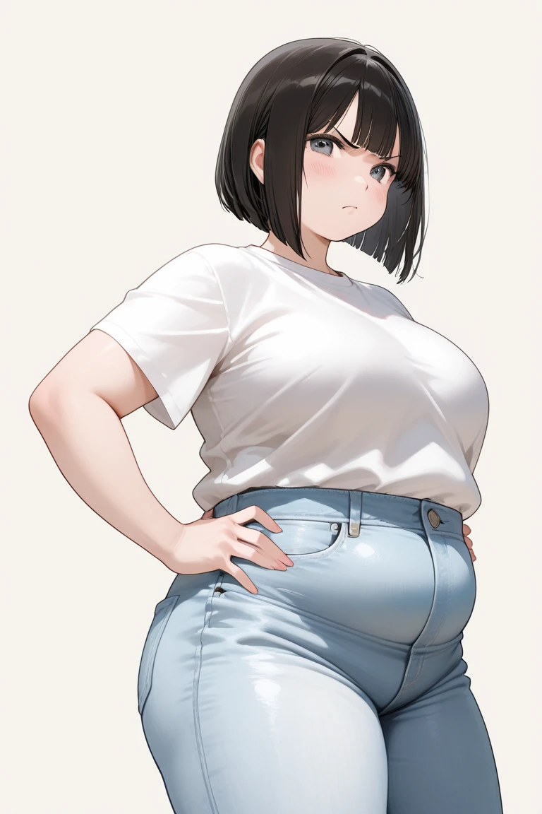 "(perfect masterpiece:1.2), (highest quality:1.2), stunning face,  compensate, long and luxurious eyelashes, lip whole, irresistible charisma.",belly button,(((mature woman))),(((very short hair))),stomach，raised his arms,NSFW,(((Chubby)))，((((shirt)))，hair clip，wallpaper，black hair，pixie cut，very long bangs，hair between eyes，((((Are fat))))，((((Mother))))，lipstick，jeans