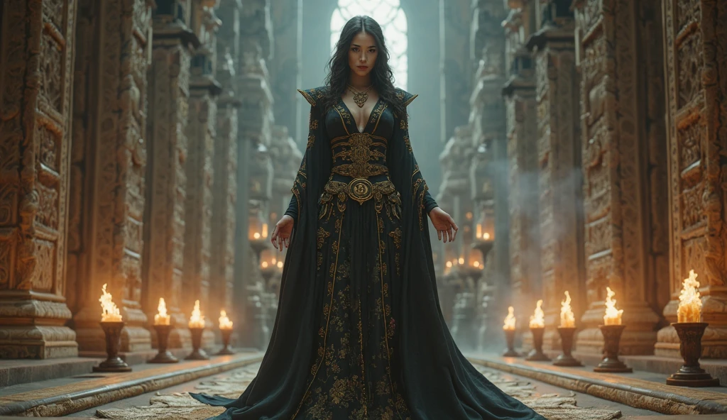 Inanna in Cinderella style, (work of art), best qualityer, (transparentes), expressive eyes, rosto perfeito Inanna dressed in black and gold, sumerian goddess style,, in dominatrix attire with an almost transparent black cape, dramatic diffused lighting. She holds a scepter with a red gemstone. she is gigantic and strong, over 2 meters tall. the background is made of a wall of gigantic stones and a garden