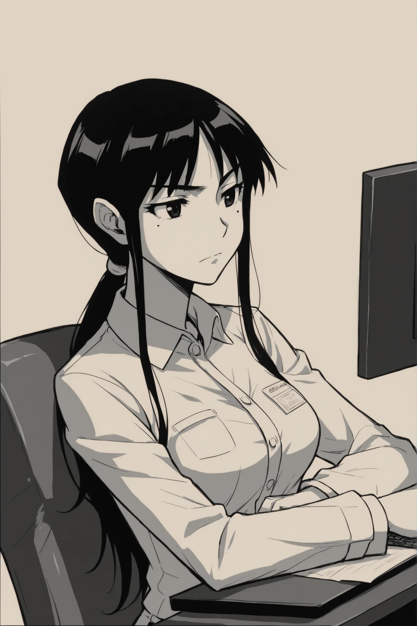 midori kuzuhara ( enomoto ),comic,1980s_(style),monochrome,manga style,simple,with rough sketch lines,line art,Minimalist portrait,in syonenmanga style,closed mouth,ideal ratio body proportions,medium breasts,
indor,office,office uniform,ponytail,No expression,mole under left eye,black hair,long hair,long sideburns,Japanese girl,black eyes,only have black eyes ,1girl,