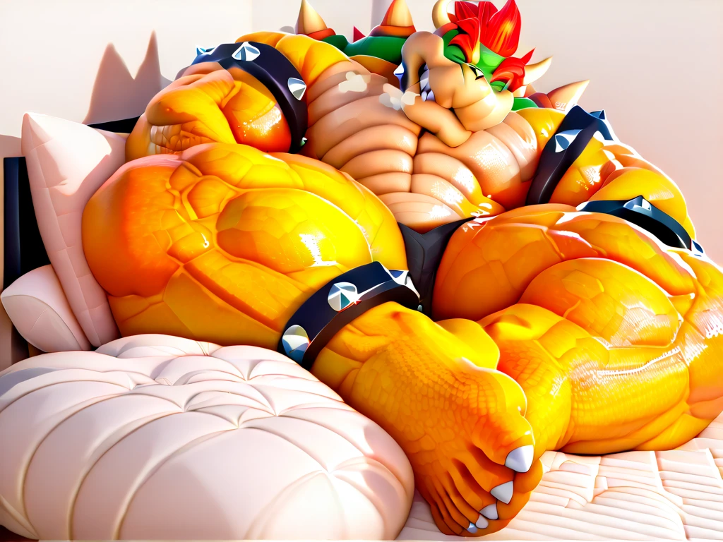 (Highest quality:1.5), (masterpiece:1.5), (8K:1.5), bowser, Lying in bed, Both arms raised,