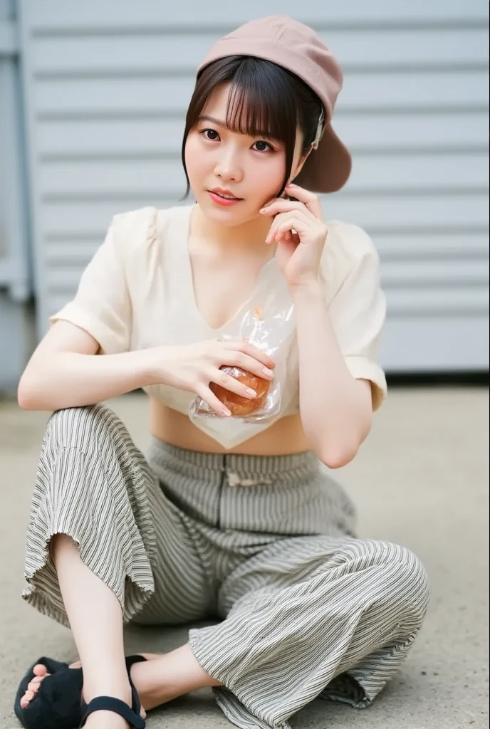 super high quality, Slenderのネックレス, Slender, Gravure photoshoot, The staff is working at the counter in the back., (8K、RAW Photos、Highest quality、masterpiece:1.2), Japanese Idol, Sportswear, Stylish café, The cafe is crowded with people enjoying themselves., (Realistic、Photorealistic:1.37), Mesh Hair, Wearing a cap, Urban Cafe, Golden Ratio, Raw photo, Cute face , Light Brown Hair, Small breasts, Bright cafe interior, Summer clothes, Cafe Terrace, Open Cafe, A kind smile, Hair blowing in the wind, Neat clothes, boyish, Very Short Hair, 18-year-old, younger sister, Stylish clothes,