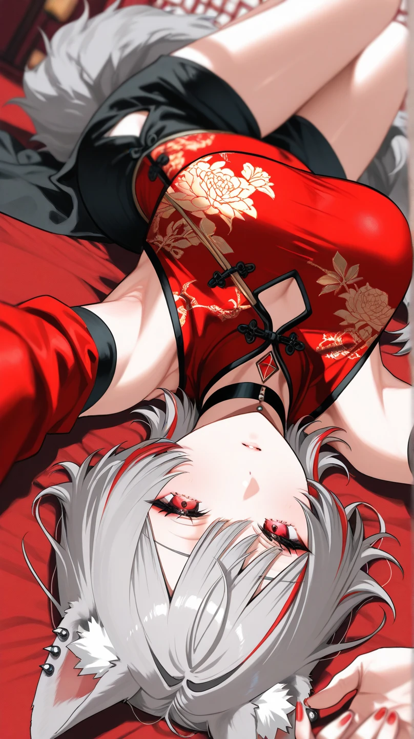 Little loli with white hair and red pupils。Stockings on the legs,without wearing shoes, 。The bed was full of white liquid。delicate leg。No bra wearing，Huge tits，Reveals small ，Exposing the sexual organs，Small and delicate feet。There is a large amount of white fluid at the base of the thigh。open open mouth，Stick out her tongue，Bare belly and shoulders。Hands are tied with red ropes。,Wear an iron collar around your neck。The iron ring is connected by iron chains,Little Lori is completely naked，There is a large amount of white liquid on the lower body。Little Lori raised her hands above her head。The wrists are tightly tied together by red cord，Can't move，Expose the armpits，The two ankles are tied together by red ropes。There is a white liquid on the feet。The legs were fully shown to me。The forefoot cocked up to show me。Behind the little loli sat a fat man。