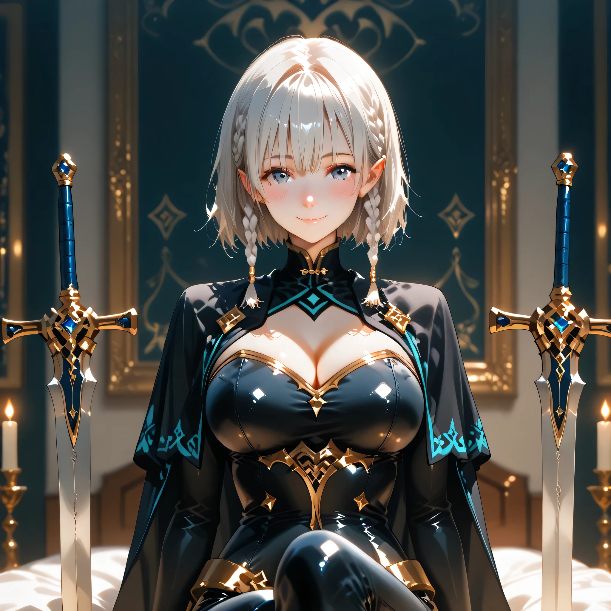 ((top quality)), (detail),semi-realistic, 1girl ,beta,slim body,,Super Big Breasts, braids , Chest Cutout , black gloves , staring at the viewer , black bodysuit , clothing cutout , twin braids, short hair, blush , sitting , Black Cloak , glittering clothes on the back of the weapon , skintight , solo , suitable background ,Smile,(( close your eyes shyly :1.4)),blue eyes,demon,sophisticated style,Standing,has a sword