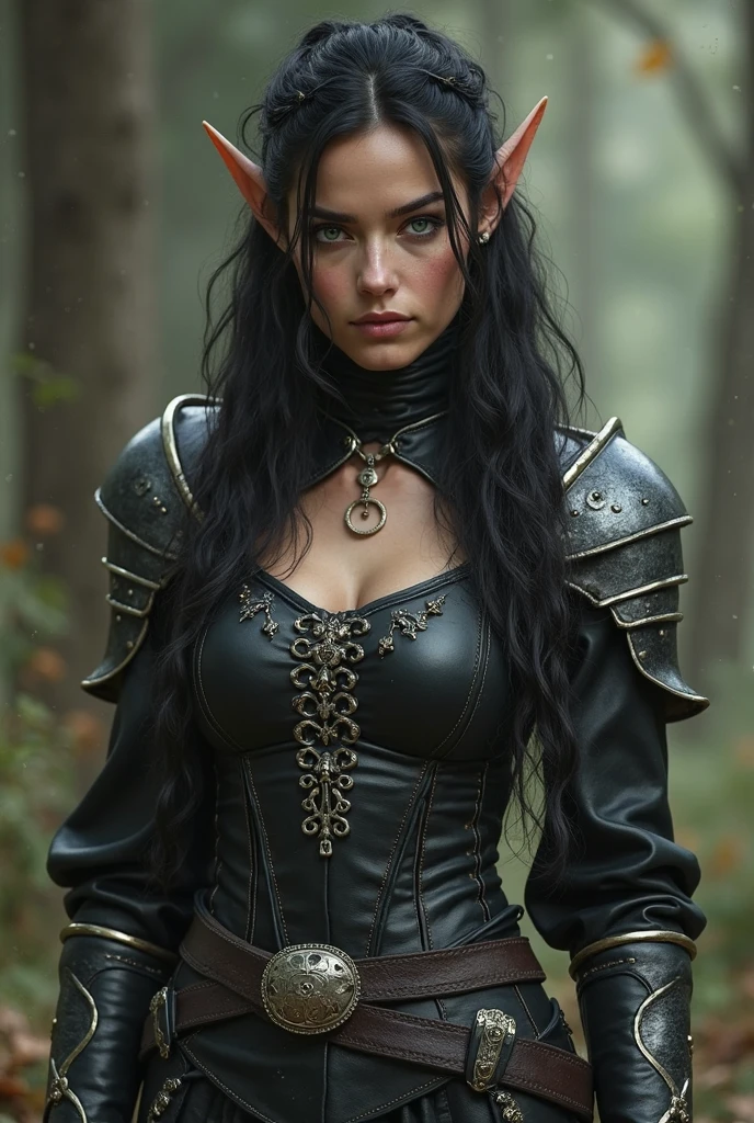 An illustrated movie poster, hand-drawn, full color, a teenage elven (Christina Chong beautiful face, narrowed eyes. smirk. black braided hair,), wearing a black corset and bloomer shorts, tall, toned, amazonian stature, athletic hourglass figure, full wide hips, massive round butt, long shapely legs, ridiculously thick powerful thighs, (((long pointy elf ears))), amber eyes, dark hair, shaggy bob cut with thick bangs, deep sun-tanned skintone, freckles, standing in a misty gothic garden, graphite shading, stencil marks, airbrushed acrylic paint, masterpiece, in the style of the Lord of the Rings