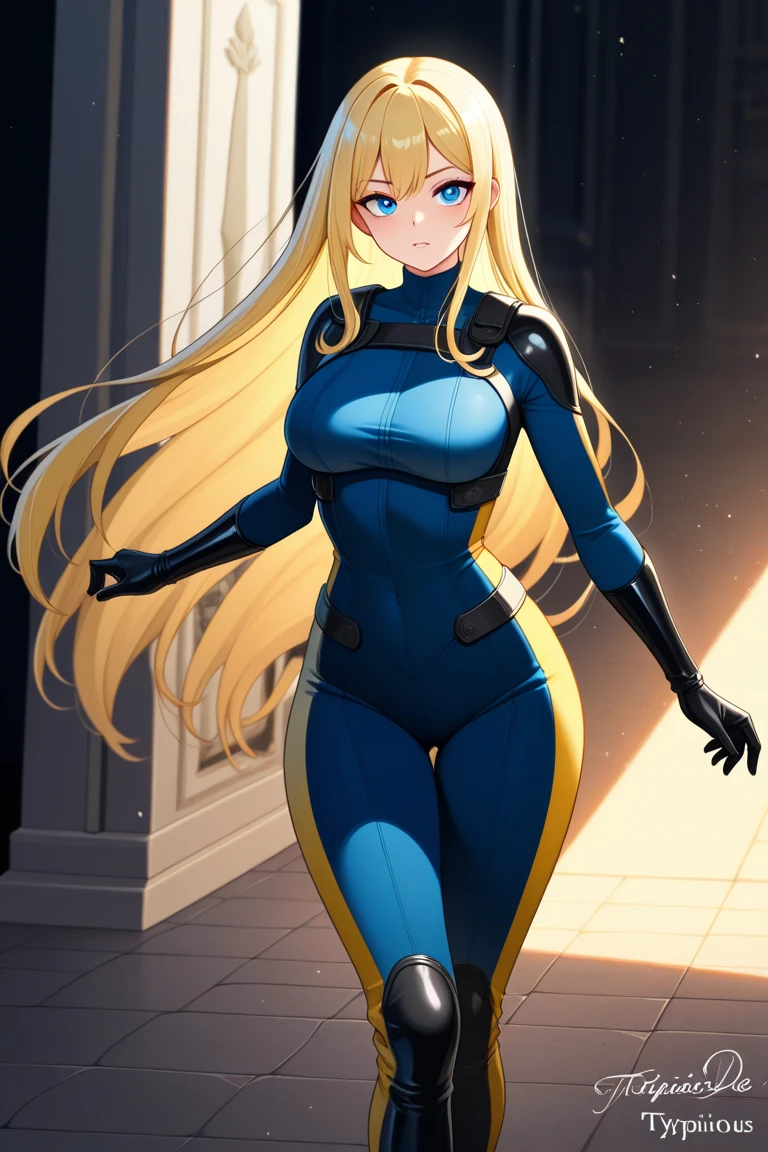 masterpiece, best quality, highres, 1girl, solo, superhero, leotard, bare legs, boots, matching boots, aura, blue aura, sleeveless, gloves, bracelets, matching gloves, looking at viewer, light particles, city backdrop, perfect hands, perfect eyes, powering up, perfect leotard, perfect legs, perfect arms, perfect fingers, blue and white leotard, blonde hair, blue eyes, medium breasts, long hair, standing, hands on hip, full body, power,