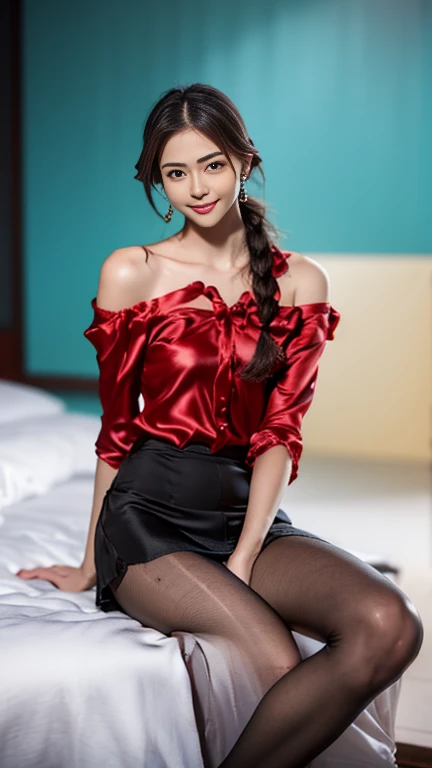 Pon que genere una mujer de piel morena donde se vea sentada con las piernas abiertas, She is wearing a lace blouse and skirt but you can see her panties and how her vagina is visible