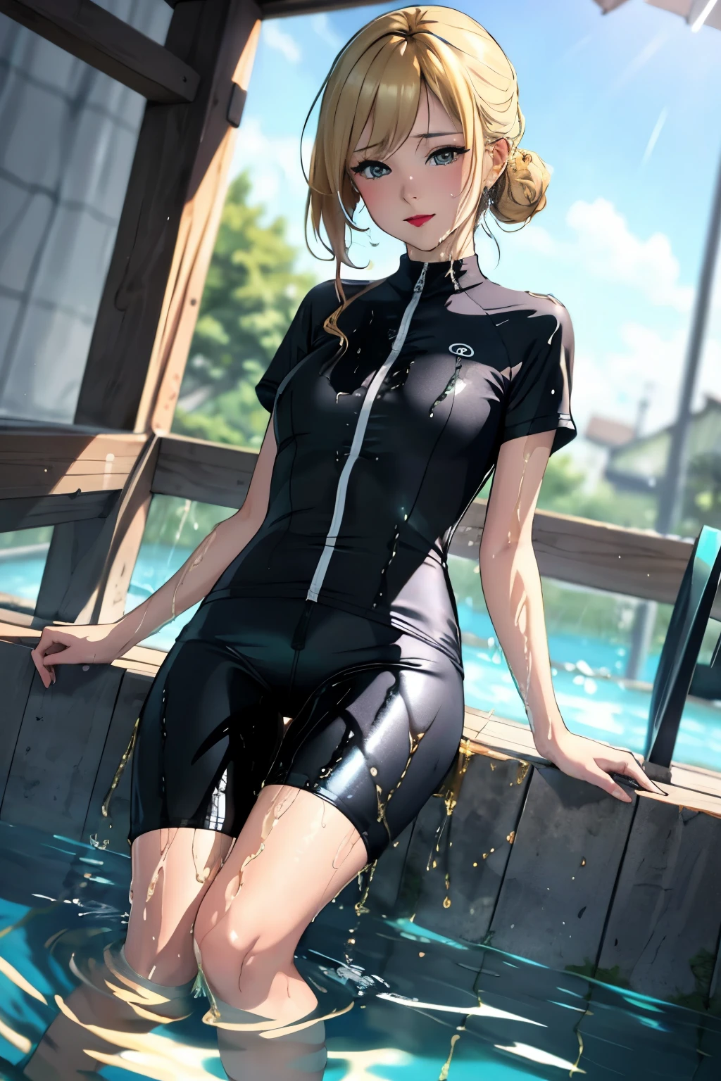 anime, best quality, high quality, highres, beautiful women, tanned gyaru, blonde hair, high detail, good lighting, lewd, hentai, (((shiny spandex short-sleeved cycling suit))), ((wet clothes)), ((soaking wet)), ((wetlook)), (bare thighs), (((wetting herself))), (((peeing herself))), (((peeing self))), (pee streaming down legs), peeing stain, (puddle), (thick thighs), nice long legs, lipstick, detailed face, pretty face, seductive face, aroused, sexually excited, ((in water bathing))