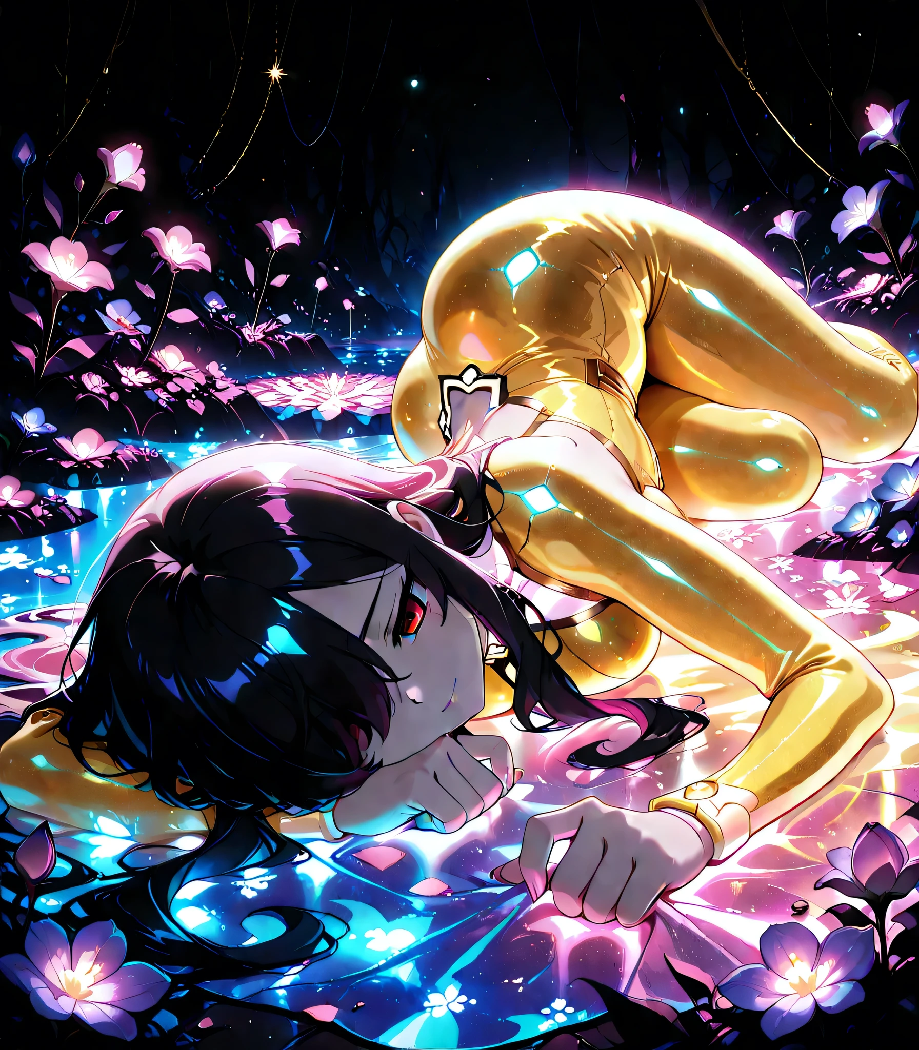 1girl, Kuroki Monika, black hair, very long hair, hair over right eye, red eyes, large breasts, (petite but curvy, very cute), golden bodysuit,glowing pink hair, laying in flowerbed, ultraviolet light, ultraviolet flowers, best quality, masterpiece, dark background, comforting, elegant, glossy, ethereal , score_9, score_8_up, score_7_up, source_anime,