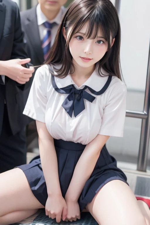 High angle shot、Center View、Asian woman in a short skirt and bow tie sitting on a train、Cute school girl、Japanese girls uniform、Wear Japan 、Japanese 、Surreal 、Dressed as a high school girl、Surreal 、Wear a uniform、Realistic high school girl、Girl in uniform、Wear a uniform、 stop temporarily、Ezvian everywhere、Beautiful Skin、Glowing Skin、Nice thighs、Shining thighs、Shining Legs、barefoot , Japanese High School 、Nogizaka idol、Korean Idol