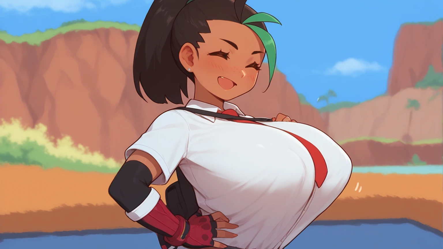 Pokemon ranger, Monster girl quest, orange jacket, black shirt, bike shorts, short orange snow boots, short hair, black white two-tone gloves, seductive evil grin, smug, blush, 1boy, (shota), 1girl, larger female, large female, side view, girl sitting on top, female on top, open field background, tight grip, ((handjob)), rubbing penis, glovejob, stroking penis, foreskin, retracted foreskin, cumming, pushed down, pinned down, looking at eachother, looking at boy, scared boy, fearful boy, (hand around penis), holding penis, squeezing penis