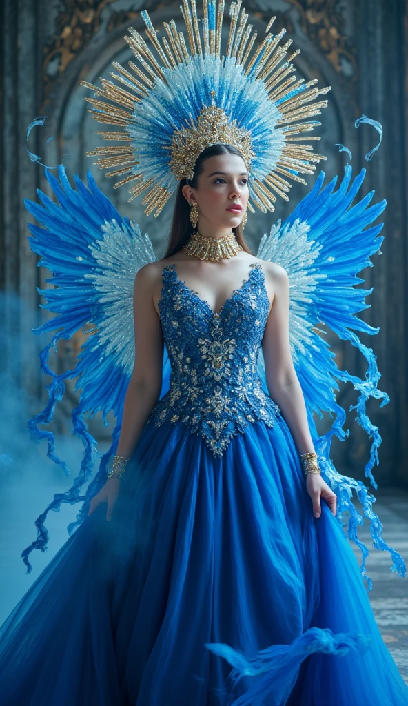a photo of a woman , rupri, Best quality, masterpiece, ultra high res, (photorealistic:1.4),KatanaOneHand,Depth of field, blurring,Film filter,Princess,catwalk,partially underwater shot,
,Angel,full full body,Huge wings,model pose.blue rose,blue wings,ice,Crystal wings,Glowing wings,ice jewelry, from side,
<lora:20230527173052:0.5> <lora:RukulPreetSingh:1>