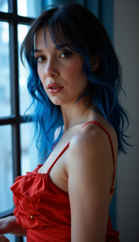 Portrait of an female 29 years old, jewelz blu, full body, wearing a red dress, blue eyes, blue hair, intricate details, highly detailed, slate atmosphere, cinematic, normal colors, normal shot, colorful colors, film grain, lut, horny,  <lora:JewelzBlu-V1.3.1:1>, Realism, RTX, Shaders, Natural Lighting, ((high quality:1.2, masterpiece:1.2)), absurdres, high resolution, (8k resolution), 8k, 8kres, 8k res, high details, detailed and intricate, intricate details, high intricate details, absurd amount of details, super resolution, ultra hd, megapixel,