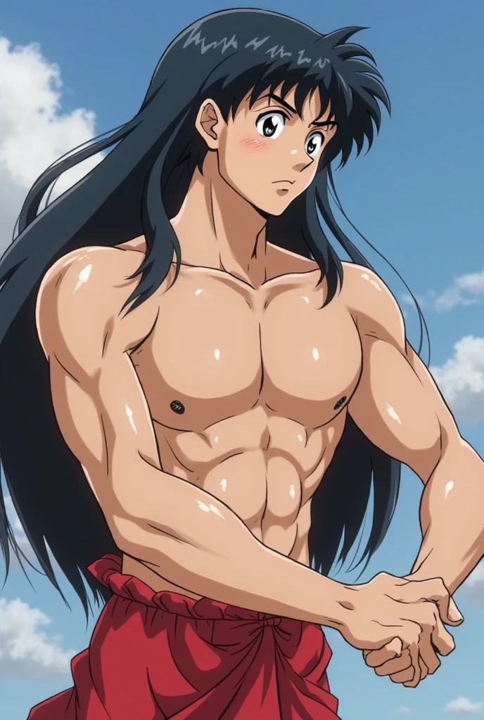 Draw seshomaru from Inuyasha, man with a white thong where his entire package is visible with an angle of view below his crotch, Let it be Seshomaru from Inuyasha with his thong, where his penis sticks out on one side