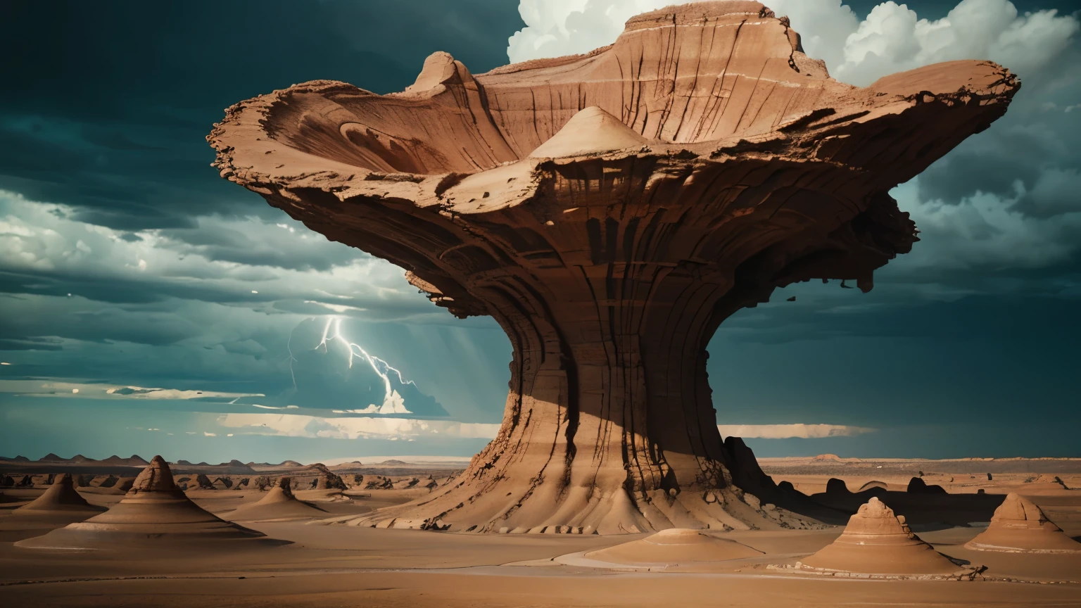 "Ultra-realistic YouTube thumbnail of GIGANTIC surreal bentonite clay formations in Utah desert landscape that defy physics and reality. Massive rainbow-striped clay mountains tower impossibly high into dramatic storm clouds, with layers of vivid orange, deep purple, electric blue, and fiery red sediment creating mind-bending geological sculptures. The bentonite formations twist and spiral like frozen tornadoes, reaching heights of skyscrapers with smooth, glossy surfaces that reflect the dramatic sky. Lightning strikes illuminate the surreal landscape while dust devils swirl around the base of these colossal clay monuments. The scale is completely exaggerated - these formations dwarf everything in sight, creating an alien world that looks like it belongs on another planet. Dramatic chiaroscuro lighting with deep shadows and brilliant highlights emphasizes every impossible curve and layer. The perspective makes viewers feel tiny and overwhelmed by the sheer magnitude of these clay giants. Perfect for AI art demonstration - this is nature pushed beyond all realistic limits into pure fantasy spectacle. Cinematic composition, hyperrealistic textures, maximum visual impact for social media, attention-grabbing thumbnail that stops the scroll immediately."