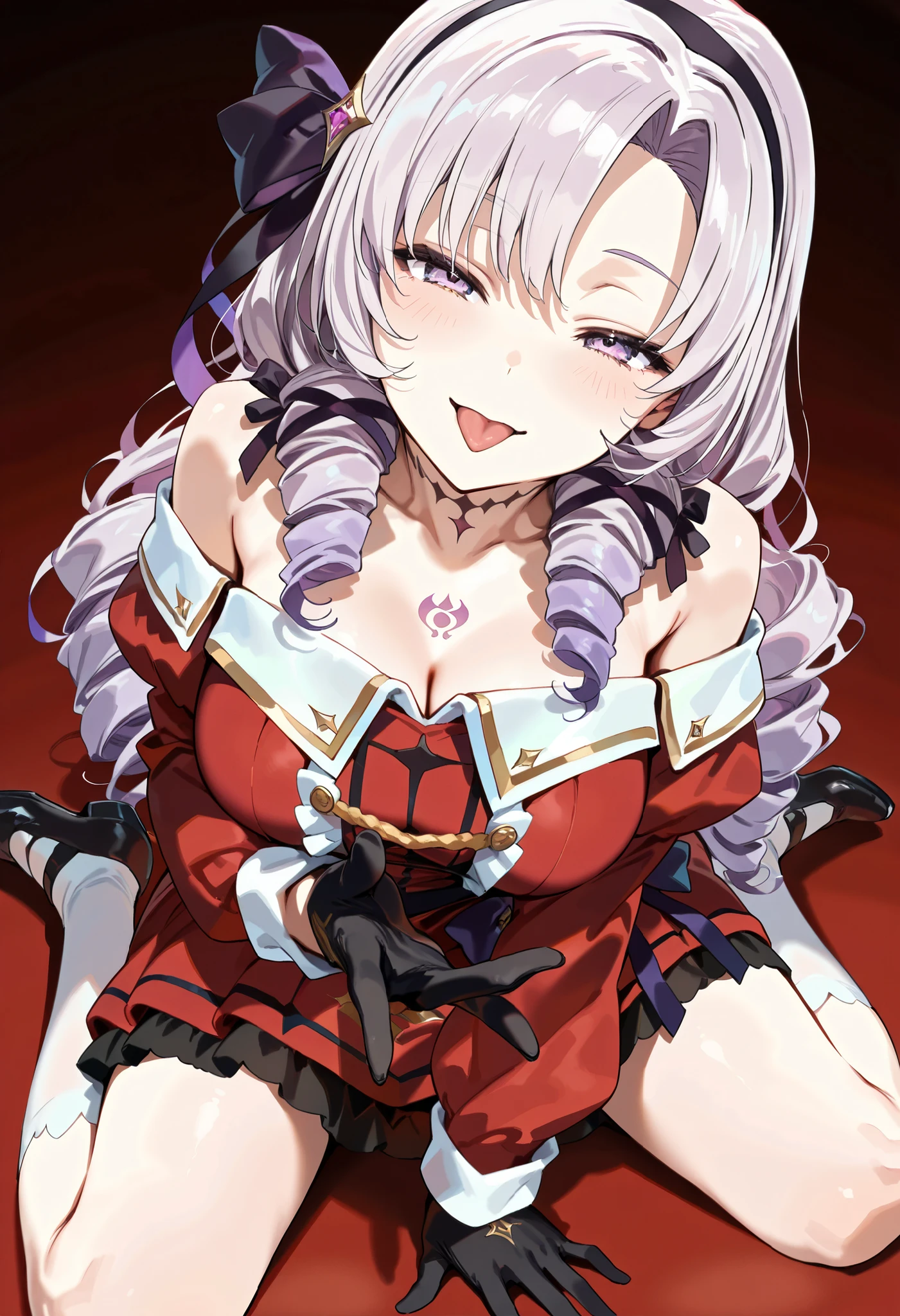 , POV, from above, face to face, (virtual youtuber, 1 girl, solo), (hs1, smile, tongue out, purple eyes, half closed eyes, looking up at viewer, bangs, parted bangs, purple hair, light purple hair, long hair, drill hair, ribbon, hair ribbon, purple ribbon, hairband, beautiful , cleavage, tattoo,  tattoo, red dress,  shoulder, long sleeves, black gloves),  gesture, wariza, sitting on floor, luxury room, carpet, indoor, dim light, (perfect face, beautiful face, perfect hand, perfect five finger), (Top image quality, 16K picture quality, masterpiece, ultra resolution, realistic, ultra detailed, perfect quality, perfect , perfect body)