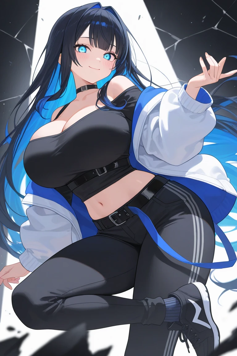 1girl, blue hair, dark blue hair, long hair, red eyes, long hair, breasts, large breasts, wide hips, thick thighs, sports bra, black sports bra, blue trim, shorts, highleg panties, fingerless gloves, black thighhighs, thighhighs, gloves, highleg, smile, smirk, smug, gym