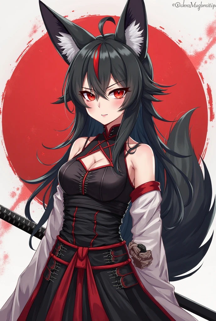 Dog woman, tall, brunette, long black hair, defined, large breasts, long and furry tail, dressed like a Ronin , a
sheathed katana, Crimson leaf forest background