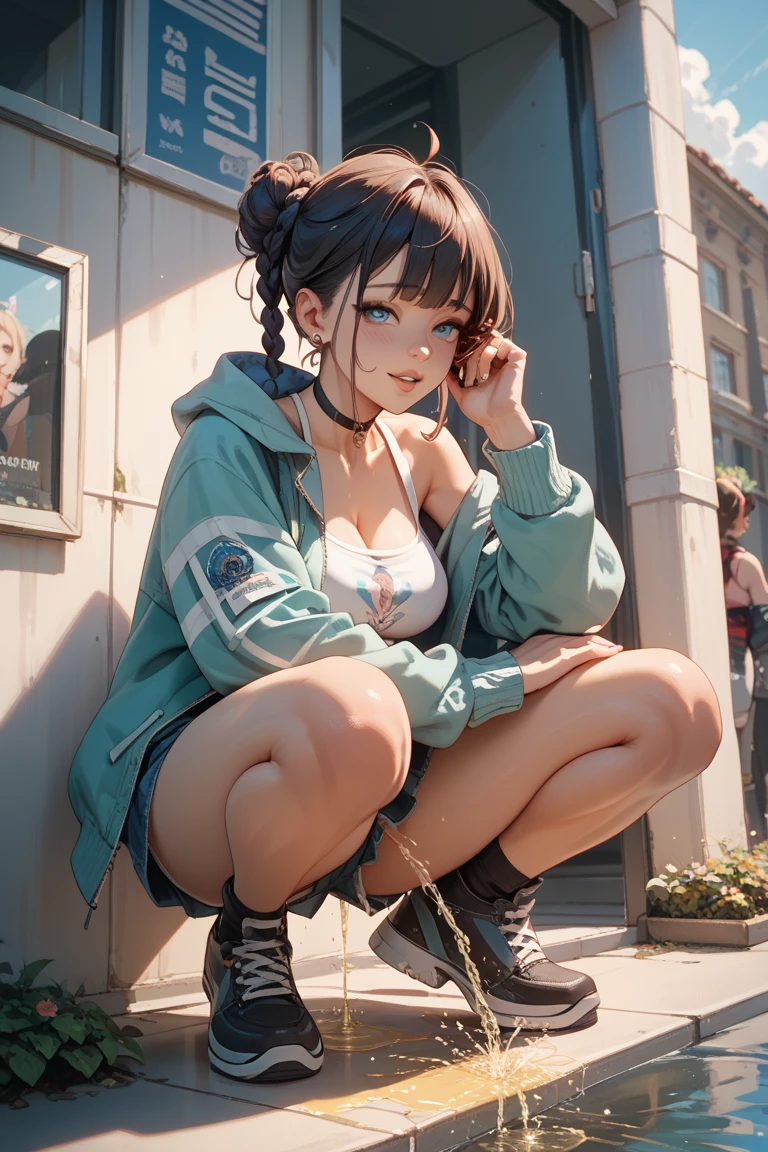 ((close_up, closeup ,primer plano rostro:1.5)), Oh, League of Legend, sexy for, Wallpapers, detailed_eyes, fox_ear, (fox_tails), a_skirt, (long_pink_fur), medium_breasts, looking_at_shown_looking_at_viewer, short_hair, gloves, navel, fail, blue_hay_eyes, ageless, full_body, weapon, footwear, NECKLACES, black_gloves, pulp, hooded, hair_overcome_Yoon_hay_eyes, grower_Up, sweatshirt, black_pants, sneakers, cut_jacket, cyber_punk_character, cut_sweatshirt, ng_deepnegative_v1_75t