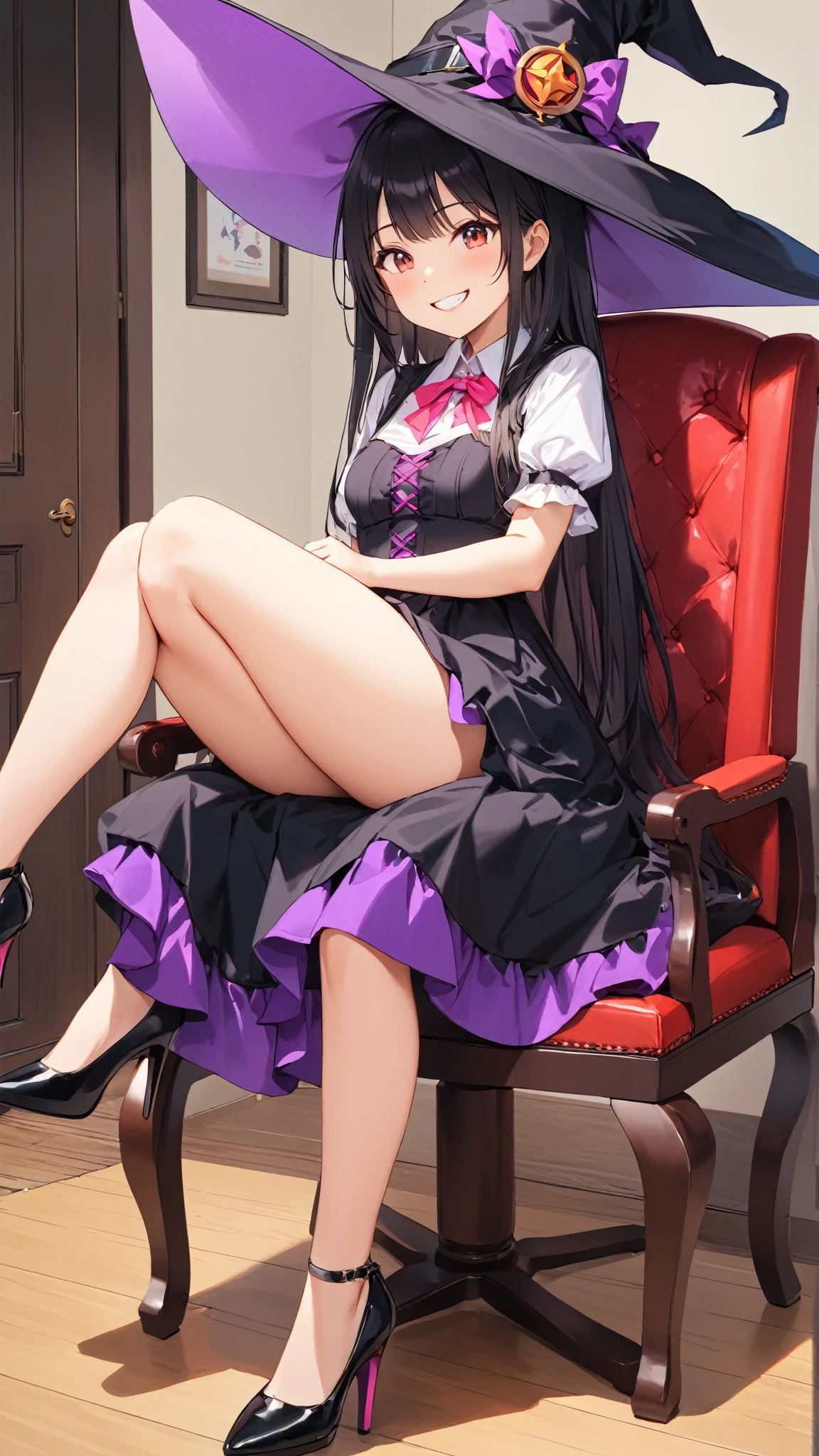 highest quality, pieces fly, realistic, High resolution, 8K students,alone, 1 girl, NSFW、medium long hair、30 years old、(Nursery school teacher、dark miniskirt)、plump body shape、(((full body shot)))、thick thighs、 ((Lace purple panties))、smile、high heels、earrings、necklace、skirt lift、At the office,horny, erotic, sexy, wide open legs, high heel. Squatting