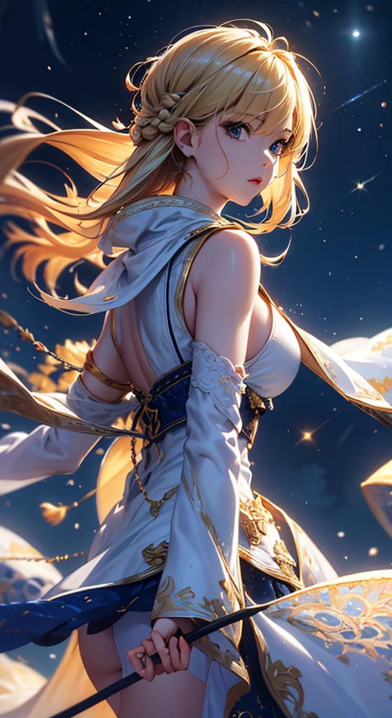 (masterpiece), ((best quality)), (Very detailed), ((very delicexiste and beautiful)), (Ridiculous))), (Perfect body))), 1 girl, Glowing white particles, struggle, Keep_sword, Blonde Bob, Red Eyes, Seventeen, outdoor, Sky, Aura all over the body, Large target, white texisttered dress, Bare shoulders, Little Smile, Ocean + background, wind, Perfect hands, Hand details, Improved fingers. earrings, Watching_exist_Viewer, Cowboy lens, Rich details, Perfect image quality